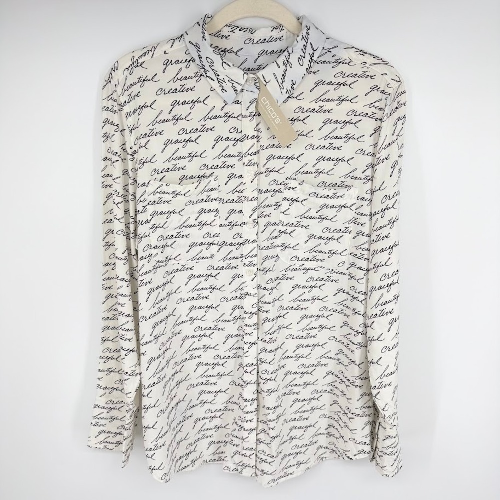 NEW Chicos Half Placket Shirt Sz 8/10 Words Script Print Long Sleeve White Black